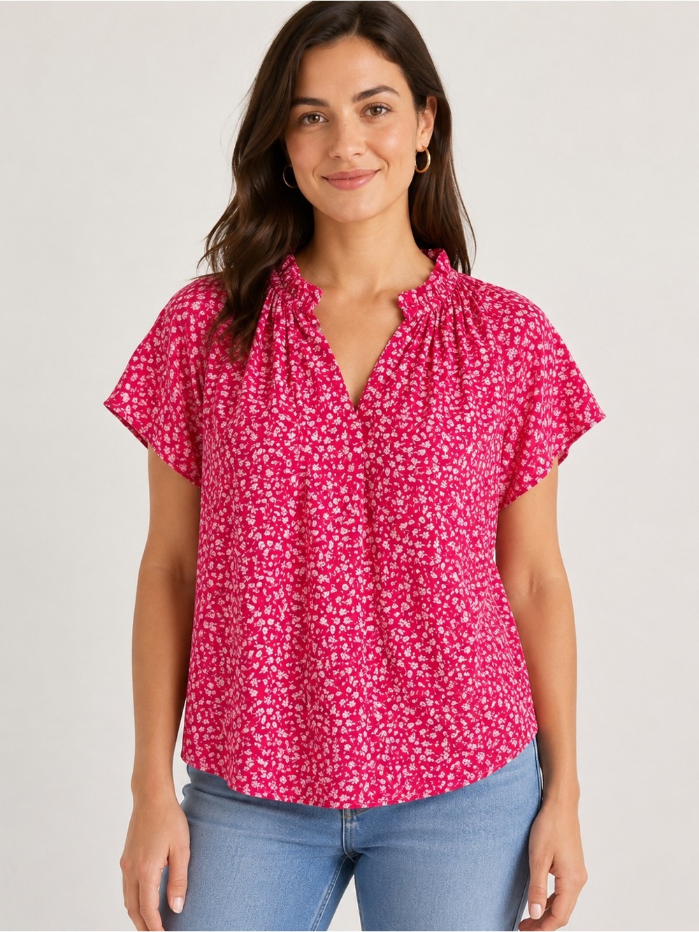 GAP Women’s Pink Floral Short Sleeve Blouse Size Medium Ruffle Neck Boho Top